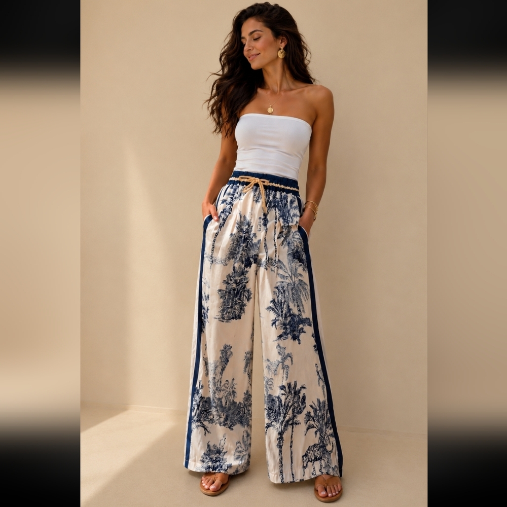 Boho Wide-Leg Printed Palm Pants - White & Navy